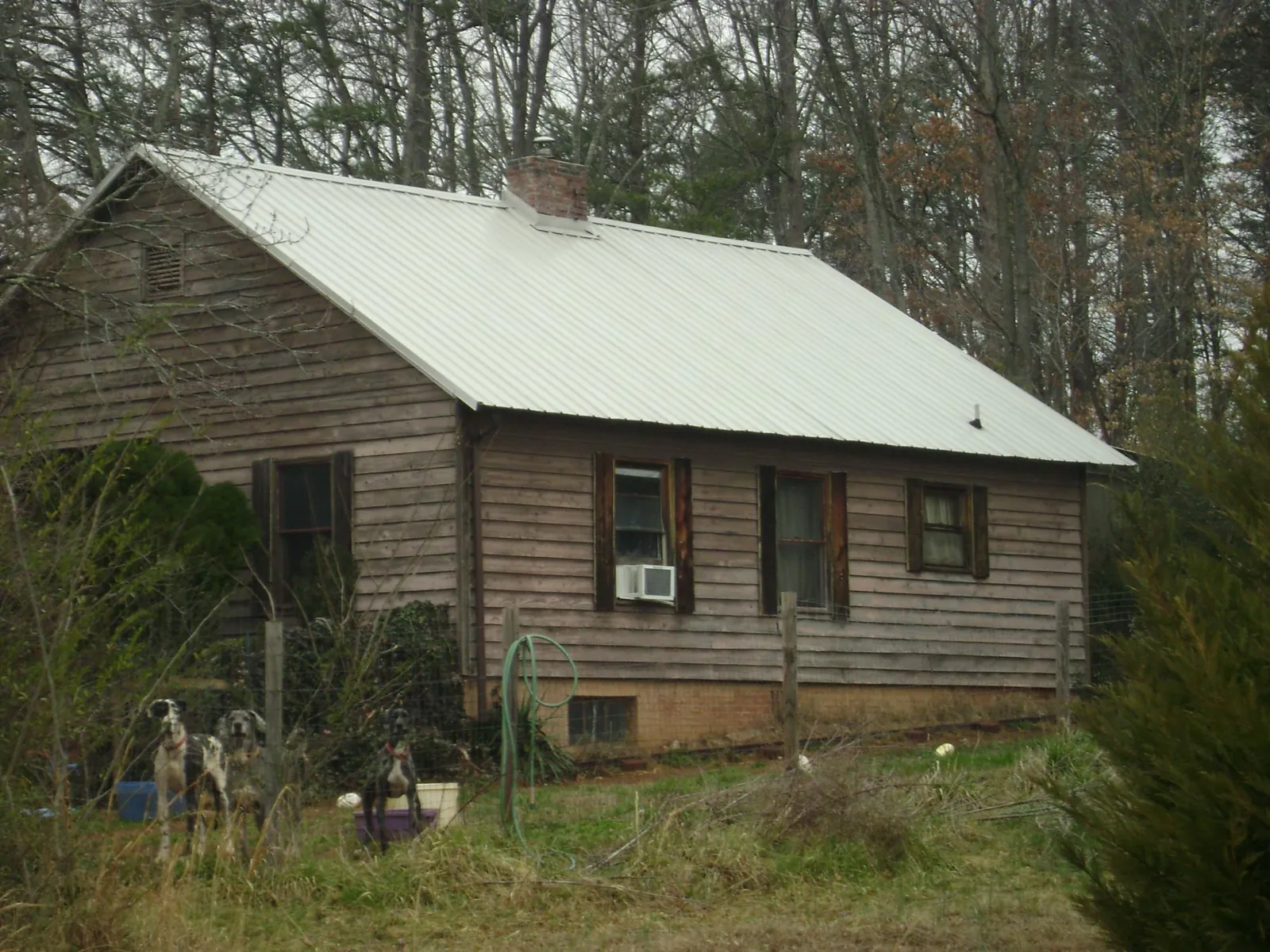 White metal roof on an old wood sided farmhouse, from a Metal Roof Installation job in Crater Lake